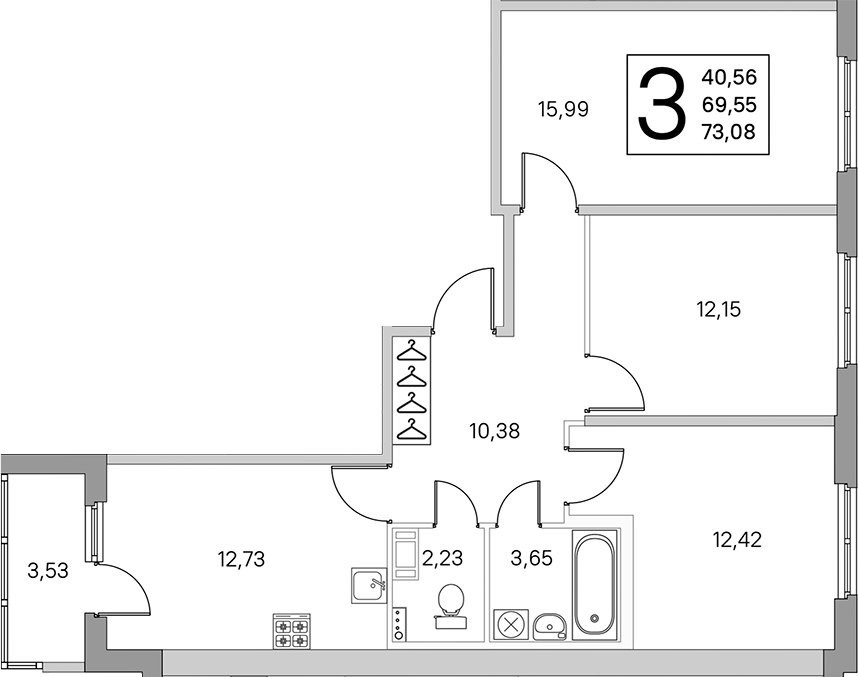 3-комнатная квартира 71.32 м², 3/4 эт., ЖК «Любоград в Стрельне»